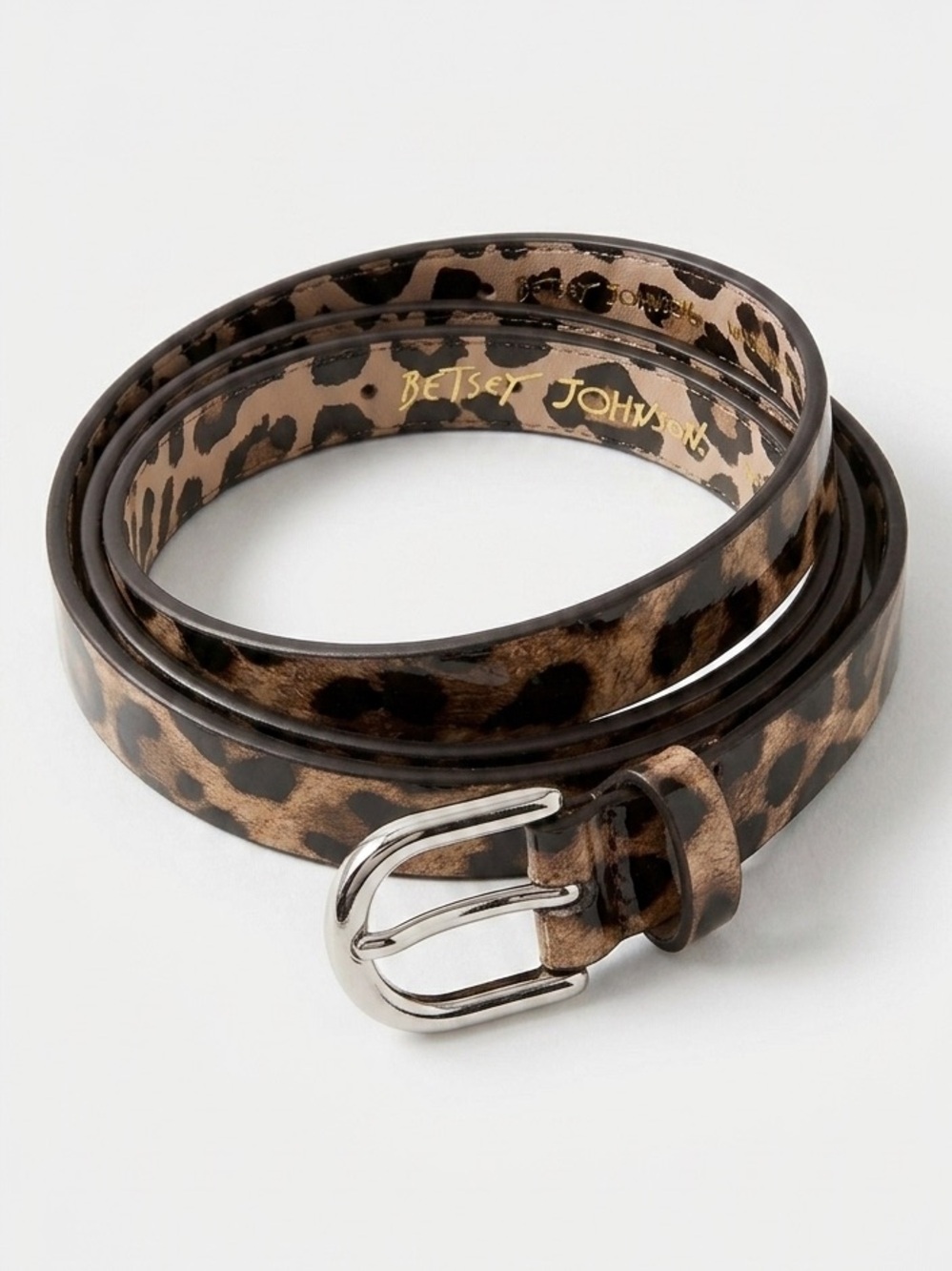Betsey Johnson Leopard Print Skinny Belt Med Patent Faux Leather Silver Buckle